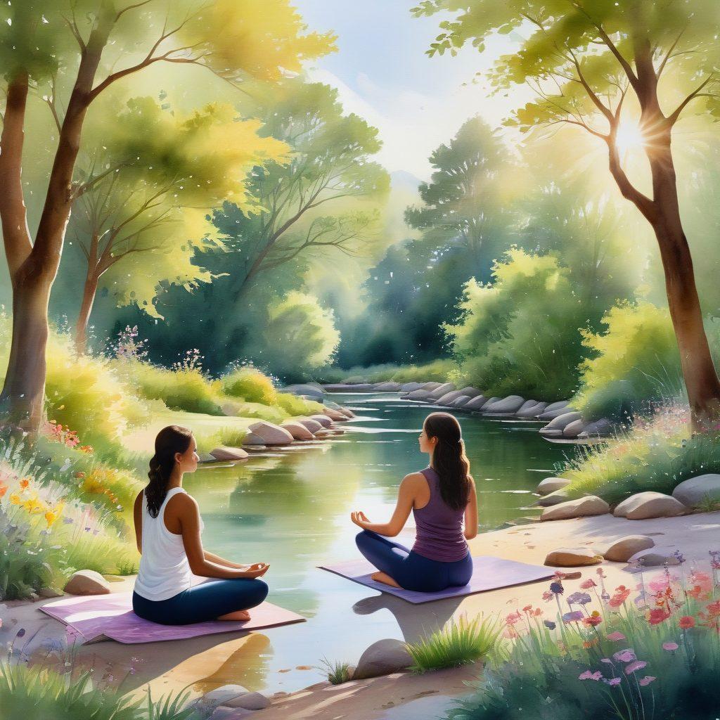 A serene scene featuring a diverse group of individuals engaged in various self-care activities like meditation, yoga, and journaling amidst a tranquil nature setting. Soft sunlight filters through lush trees, illuminating their peaceful expressions and vibrant surroundings filled with blooming flowers and a gentle stream. Each person embodies a sense of inner peace and joy, inviting readers to connect with their own inner beauty. watercolor painting. calming colors. natural elements.