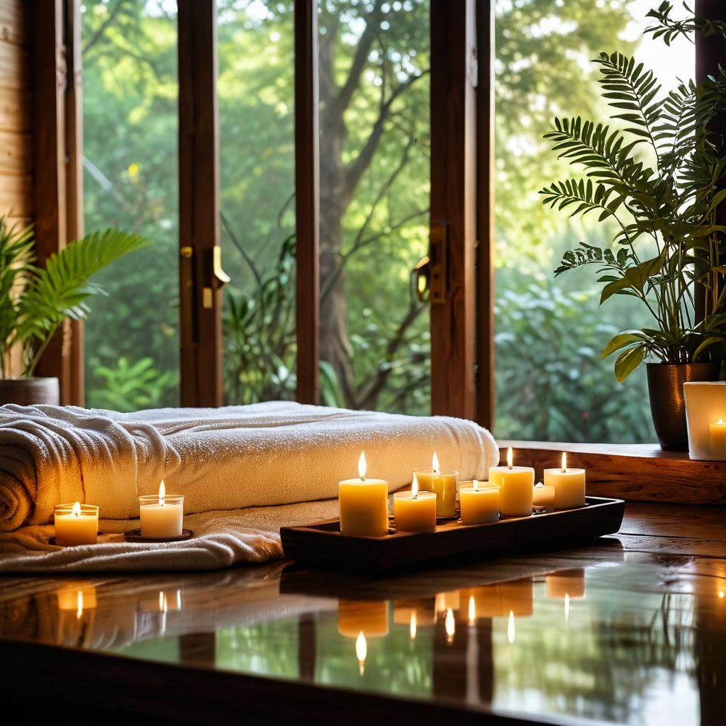 A serene spa setting with a person receiving a beautiful facial treatment, surrounded by soft candles, lush green plants, and delicate flowers. The atmosphere should evoke tranquility and self-love, showcasing skincare products artfully arranged on a wooden table. Gentle sunlight filters through a window, illuminating the space and enhancing the feeling of care for oneself. vibrant colors. soft focus. 3D.
